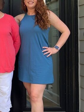 Sleeveless Racer Neck Mini Dress in Blue Shale